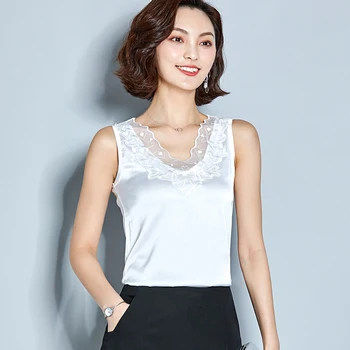 Kórejský Módne Hodváb Čipky Ženy Tank Topy Streetwear Satin bez Rukávov Čierna Oka Späť Čipky Hore Ženy Plus Veľkosť XXXL Biele Tričko