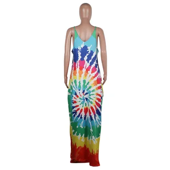 Rainbow Tie Dye Sexy Boho Plážové Šaty Žien Špagety Popruh Backless Dlho Maxi Šaty Letné V Krku Bez Rukávov Plus Veľkosť Šaty