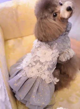 Doprava zadarmo Luxusné Oblečenie pre psy, Pet Svadobné Šaty Celebrít Senior Šedá 3D Pearl Hlava-Ozdoby Pierko Royal Yorkie
