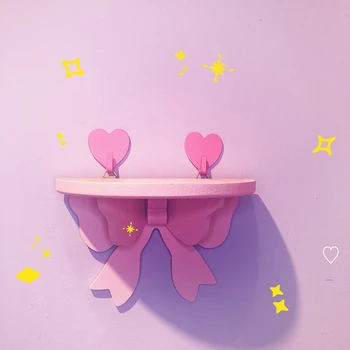 Japonský Kawaii Ružová Luk Spálňa Police na Stenu Kozmetické Drevené Úložný Stojan Dievčenskú Srdce Miestnosti Dekorácie nástenná Polica