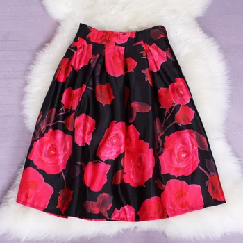 Nové 2016 Jar Saténové Sukne Dámske Jeseň Vintage Rose Kvetinový Maľovanie Vytlačené plesové Šaty, Skladaný Vysoký Pás Midi Sukne Saia SK033