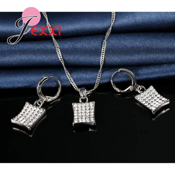 Ženy Bežné Vonkajšie Šperky Nastaví Tvar Obdĺžnika CZ Kryštálmi 925 Sterling Silver Chain Drop Náušnice+Náhrdelník s Príveskom
