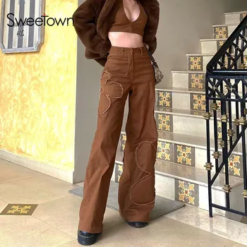 Sweetown Y2K Estetické Neforemné Džínsy Ženy Vintage Brown 90. rokov Širokú Nohu, Nohavice Kvet Škvrny Vysoký Pás Rovné Denim Nohavice 2021