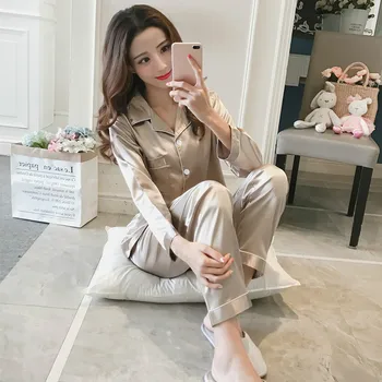 Saténové Pyžamo Hodváb Plus Veľkosť Pár Pajama Sady Ženy Kórejský Bežné Domáce Sleepwear Nastaviť Ružová Jeseň Pijama Mujer Bielizeň 2020