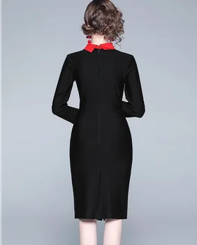 2019 Jeseň Zima Ženy Elegantné Office Vintage Šaty Crown Výšivky Šaty Dámske Slim Zápästie Rukáv Split Ceruzka Šaty