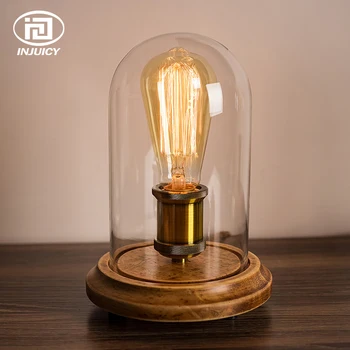 Vintage Edison Žiarovka Tabuľka Svetlá Retro Drevený Základ & Číre Sklo Tieni Deak Lampa pre Spálne Štúdia Posteli Kaviareň Dekor