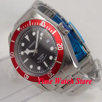 CORGEUT 41mm Miyota8215 20ATM náramkové hodinky Automatické pánske hodinky black dial dátum svetelný zafírové sklo červené rám oceľ náramok