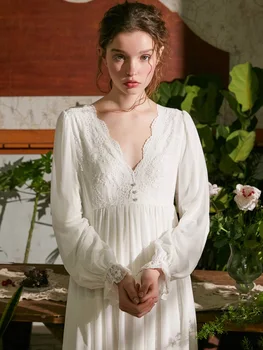 Vintage White Bavlna dámske Dlhé Nightgowns Dlhý Rukáv Sladkých Dievčat, Princezná Sleepwear Voľné Royal Nightdress