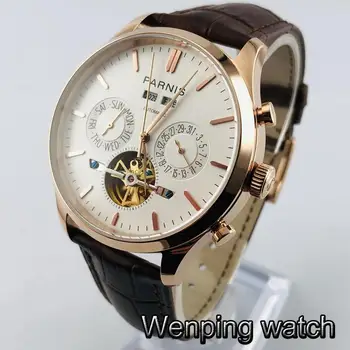 Parnis 43mm nové multifunkčné automatické pánske hodinky strieborné prípade, biely ciferník dátum, týždeň, rok mens top mechanické hodinky