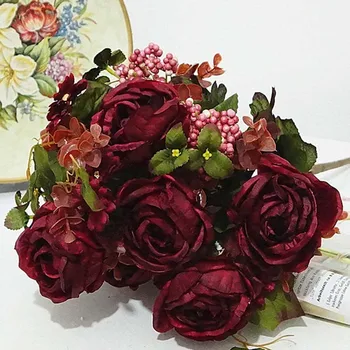 Dekoračné Umelé Ruže, Pivónia Kvetinové Kytice Európskej Hodvábu Kvetov Falošný List Pre Svadobné Dekorácie Home Party Dekor 7 hláv