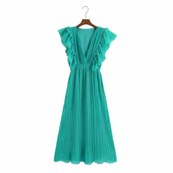 Vintage rozstrapatené skladaný dlhé šaty žien ročníka bez rukávov skladaný šaty strany sundress vestidos mujer