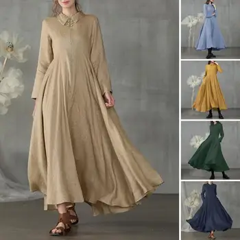 ZANZEA 2021 Ženy Elegantné Klope Strany Zips Dlhé Maxi Tunika Sundress Vintage Bavlna Vestidos Celý Rukáv Muchárik Pevné Šaty