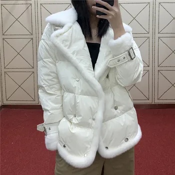 ženy, skutočné noriek kožušiny golier zime biele kačacie nadol bundy Krátke motocykel kabát voľné snehu kabát žena