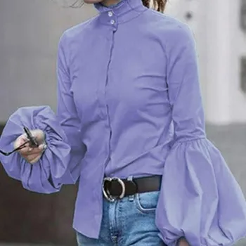 Blúzka Ženy Košele Solid Plus Veľkosť 3XL Singel svojim Tlačidlo Turtleneck Lístkového Rukáv Office Dámy Topy Slim Fit Vintage Obliekať