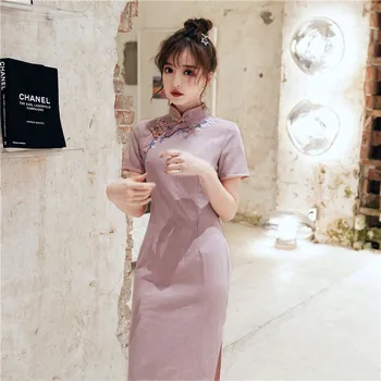 Nagodo Cheongsam Šaty Moderné 2020 Nové Bavlnené Obliečky, Vyšívané Slim Čínske Tradičné Orientálne Šaty Šaty Krátke Qipao