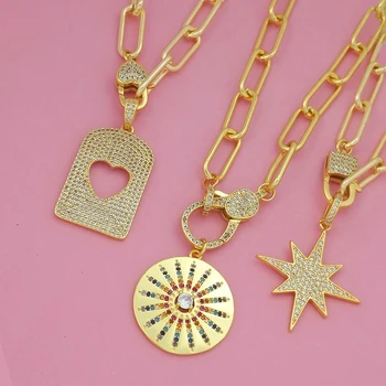 DIY Sun Star Srdci Veľký Náhrdelník Prívesok pre Ženy Zlata Plné Robustný Reťazca Náhrdelník Ručné CZ Zirkónmi zobrazili kľúčové tlačidlá pre Šperky Darček