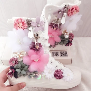 Sladké Kvety Ženy Plátno Topánky Ploché Topánky Vysokej Top Príručka 2019 Nové Bočné Zips Drahokamu Kvety Dámy Plátno Topánky Pearl