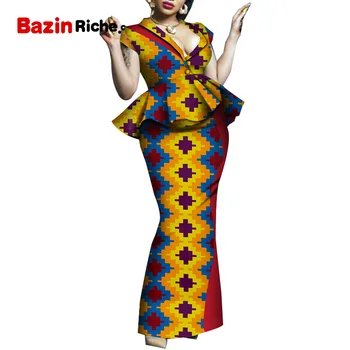 Africké Dashiki Ženy Tradičné Oblečenie Bazin Print Plus Veľkosť Vyhovuje Afriky Šaty pre Ženy Vyhovovali 2 Kusy Sukne Nastaviť WY5108