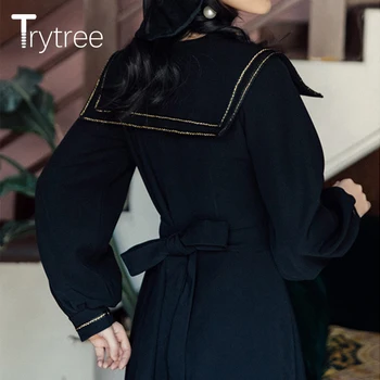 Trytree 2021 Jar Jeseň dámske Šaty Bežné Vintage Elegantné Námorník Golier Singel svojim Polovici Teľa A-line Čierne Hodvábne Šaty