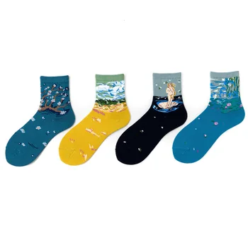 4 Páry/veľa percent Van Gogh Art Olejové Farby Bavlnené Ponožky Cartoon Streetwear Kawaii Krátke Ponožky Happy Ženy Teplé Zábavné, Roztomilé Ponožky
