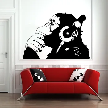 DJ Opice Stenu Odtlačkový Domáce Dekorácie Obývacia Izba Šimpanz s Slúchadiel Kreatívy Vzor Samolepiek na Stenu, Hudobný Pub Y582