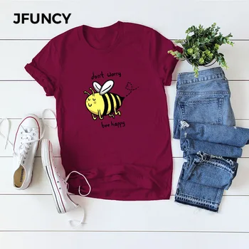JFUNCY Roztomilý Kreslený Veľké Bee Print Plus Veľkosť Ženy Voľné Tee Topy Bavlna Letné T-Shirt Žena Košele Módne Bežné Tričko