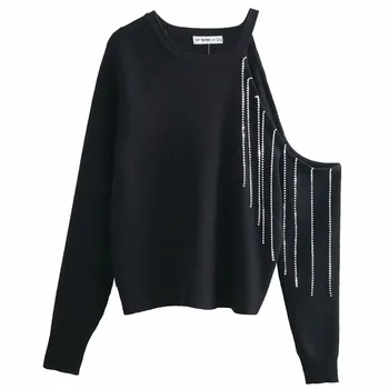Jar nové off-the-rameno svetlé duté strapec dlhý rukáv wild pulóver sveter oblečenie pre ženy BB9073