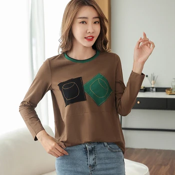 Shintimes Plus Veľkosť Tričko Ženy Bavlna 2020 Jar Jeseň Dlhý Rukáv T-Shirt Žena Tričko Appliques Kórejský Módne Oblečenie