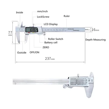 6inch/150mm Vernier Strmeň Kovové Drevoobrábacie Nástroje, Prístroje Digitálne Pravítko Pachymeter Tesár Hĺbka Obrysu Elektronické