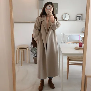 Kórejský Zimný Kabát Ženy Dlhý Kabát Outwear Vlny Kabát Voľné Cardigans Cashmere Kabát Dlhý Rukáv Manteau Femme Hiver Elegantné