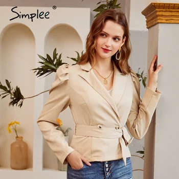 Simplee Elegantné, ľahké marhuľový jeseň zimná bunda Office lady lístkového rukáv v krku ženy bunda Módy pásu krátka srsť 2020