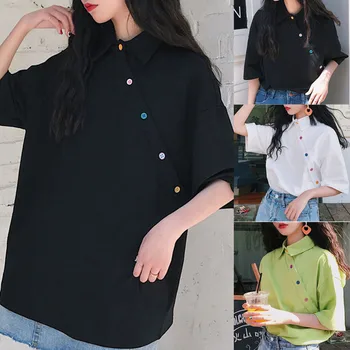 Harajuku Voľné Vintage pevné Všetkých Zápas t shirt 90. rokov dievčatá kórejský College Vietor krátky Rukáv Zase Dole Golier Ženy Základné T-shirts