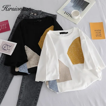 Hirsionsan Geometrické Vytlačené T Shirt Ženy 2019 Nové Letné Ženy V Bielych Tričkách O-Krku Voľné Tee Topy Krátky Rukáv Femme T-Shirt