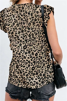 Leopard Vrecku T-shirt Ženy Lete Lotus leaf sleeve Tee Tričko Žena 2020 Nový O-krku Topy Tee Ženy Oblečenie, Ženy Krátke Sleev