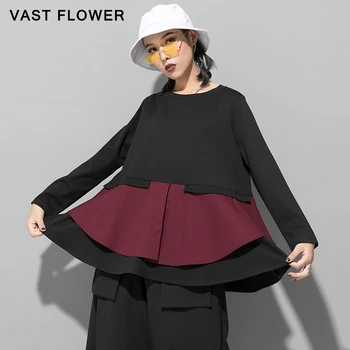 Volániky Patchwork Vintage Kontrast Farieb Skladaný Ženy Tričko Fashion 2021 Jar Jeseň Dlhý Rukáv Ženy Oblečenie T-Shirt Topy