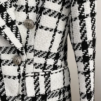Tkané koberčeky Tweed Vlnené dámske Sako Jeseň Zima Double-breasted s Tlačidlami Šatkou Golier Kabáta Oblečenie Žien Bundy 2020