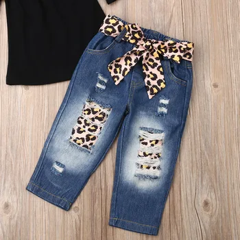 3KS 2019 Letné Deti, Baby, Dievčatá Oblečenie vyráža-Ramenný Topy T-Shirt Leopard Roztrhané Džínsy, Nohavice hlavový most Oblečenie Oblek