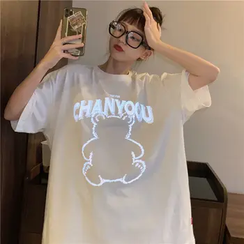 2020 Harajuku Reflexné Medveď Ženy T-shirt Nadrozmerné Žena kórejský Príležitostné Voľné Doplnky, Módne Streetwear Top