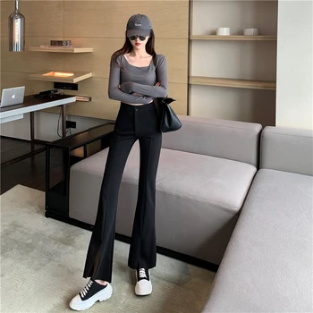 Kórejský Vlnené Zahustiť Ženy Obličkového Nohavice 2020 Zimné Vysoký Pás Slim Split Pantalon Femme Elegantné Dámy Streetwear Nohavice Nohavice