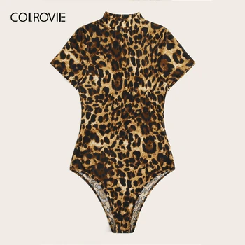COLROVIE Stojan Golier Forme Vybavené Leopard Tlač Chudá Sexy Kombinézu Ženy 2019 Lete Streetwear Očarujúce Dámy Kombinézach