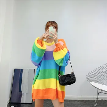 Farby Prekladané Rainbow Sveter Ženy Lazy Oaf Nadrozmerné Svetre Jeseň Zima Voľné Dlhý Pulóver Kórejský Sveter