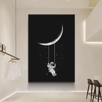 Priestor Astronaut Kyvné na Mesiac, Hviezdy Plátno na Maľovanie Abstraktné Plagát a Tlač Wall Art Obrázok pre Obývacia Izba Domova