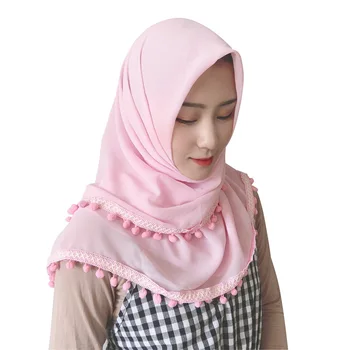 2019 nové šifón námestie hidžáb pom-pom šatku soild farba ženské šatky malajzia hidžáb tureckej moslimskej šatky na hlavu šatku