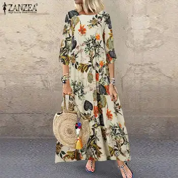 2021 Jeseň Dlhý Rukáv Sundress ZANZEA Ženy Kvetinový Tlačené Šaty Vintage Bavlnená posteľná Bielizeň Kaftan Vestidos Žena Plus Veľkosť Oblečenie