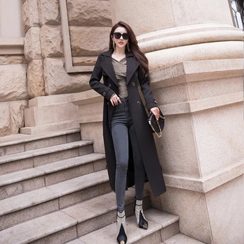YOSIMI Ženy Zákopy Srsti 2020 Jeseň Zima Dlho vrchné oblečenie Sukne Oblečenie s Pásom Black Windbreaker Ženy kórejský Módne Priekopa