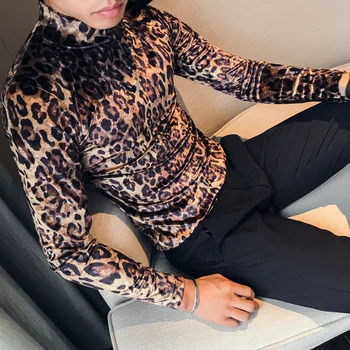 Top Kvalita Mužov Tričko Fashion 2021 Jeseň Zima Slim Fit Bežné T-Košele Mens Dlho Rukáv Vysoký Golier Leopard Tlač Topy&Tees