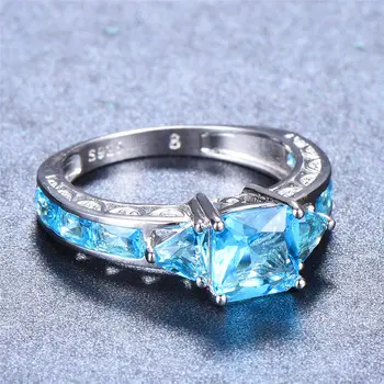 Roztomilý Žena Blue Topaz Krúžok Roztomilý 925 Sterling Silver Námestie Zásnubný Prsteň Vintage Snubné Prstene Pre Ženy