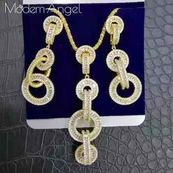 ModemAngel Luxusné Okrúhly Tvar Visieť Náušnice Plný Micro Cubic Zirconia Zapojenie Party Šaty Náušnice Náhrdelník Šperky Set