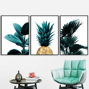 Zelené Palmové Listy Zlatý Ananás Nordic Plagáty A Tlačí Na Steny Umelecké Plátno Na Maľovanie Obrazov Na Stenu Pre Obývacia Izba, Spálňa Decor