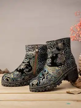 SOCOFY Vintage Kvetinový Vytlačené Originálne Kožené dámske Topánky Nositeľné 4CM Robustný Päty Krátke Topánky na Zips Ženy Botas Mujer 2020
